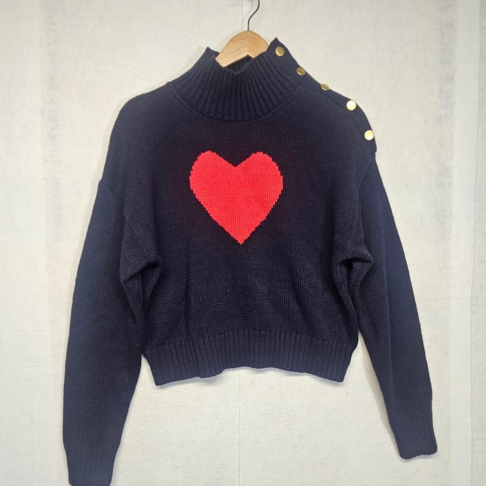 Free Assembly Navy Blue Sweater Red Heart Front Gold Button Mock Neck M
